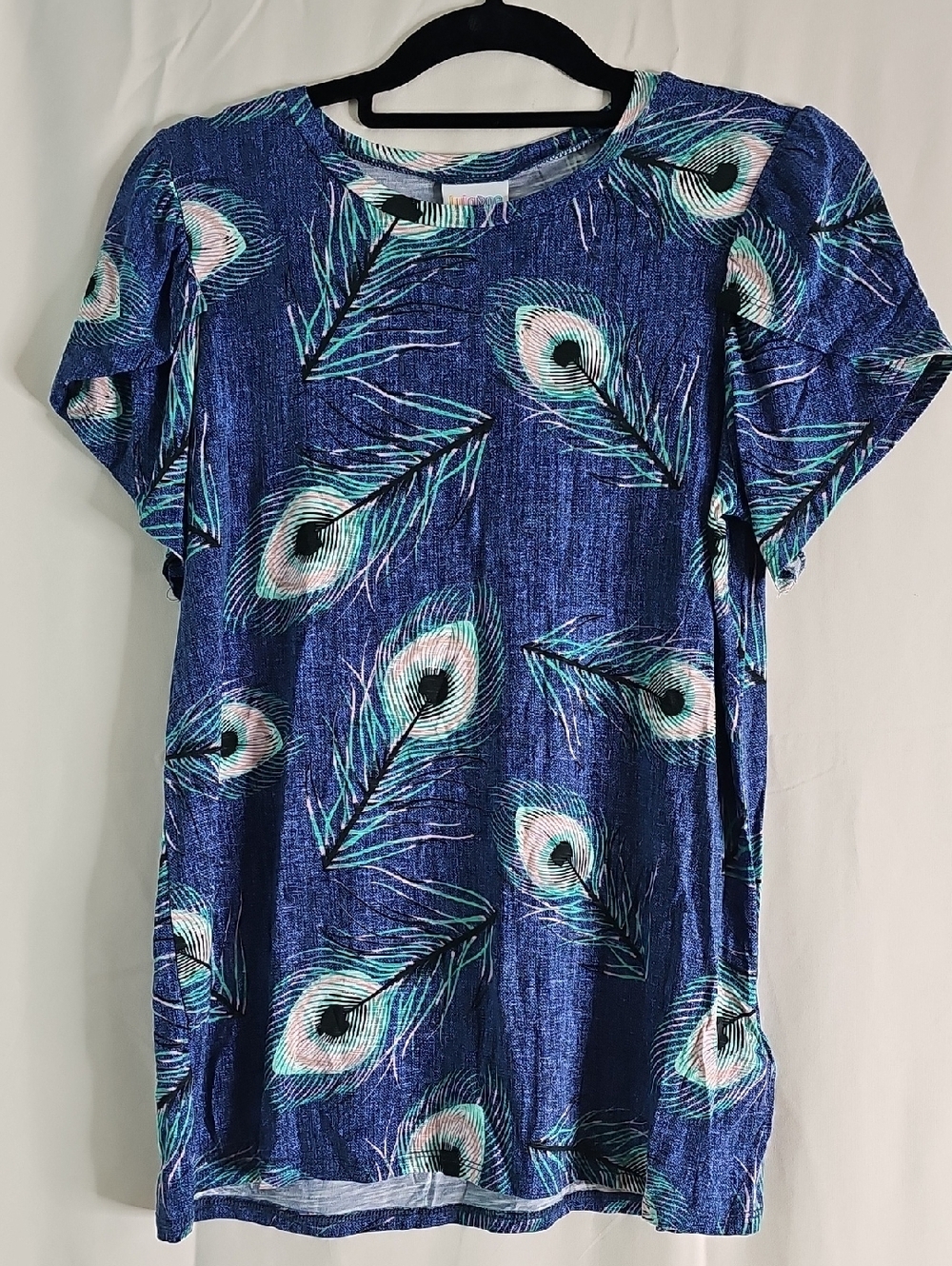 Lularoe Olive Peacock Feather Print Blue Short Sleeve Tee